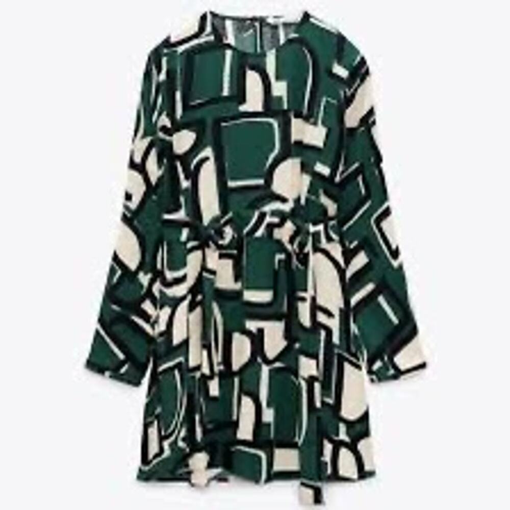 Zara Frida Abstract Print Side Belted Dress Size XS Green Cream - Picture 4 of 8